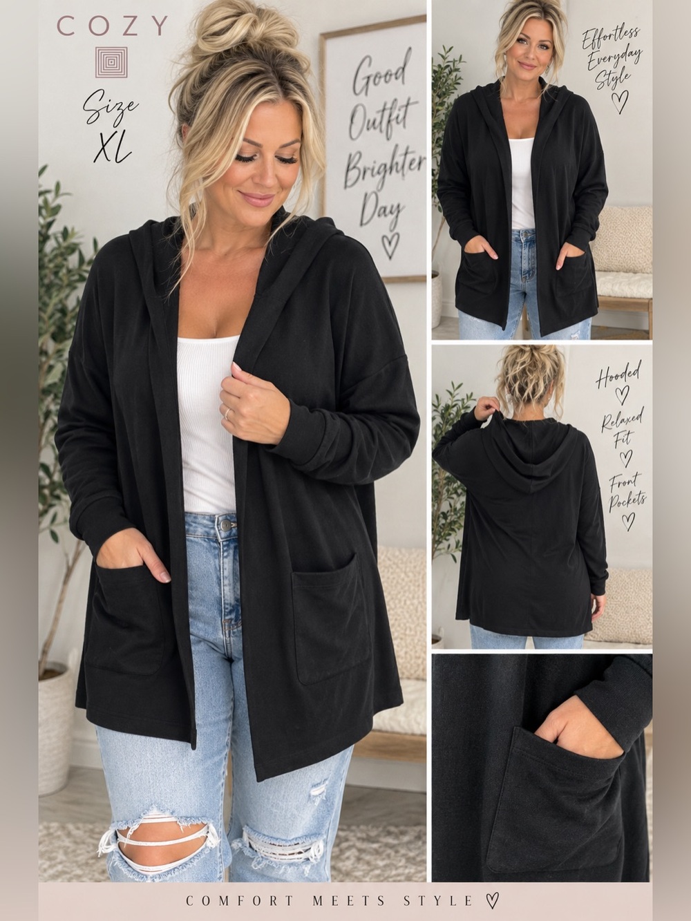 Cozy Women’s XL Black Hooded Open Front Cardigan Jacket Pockets